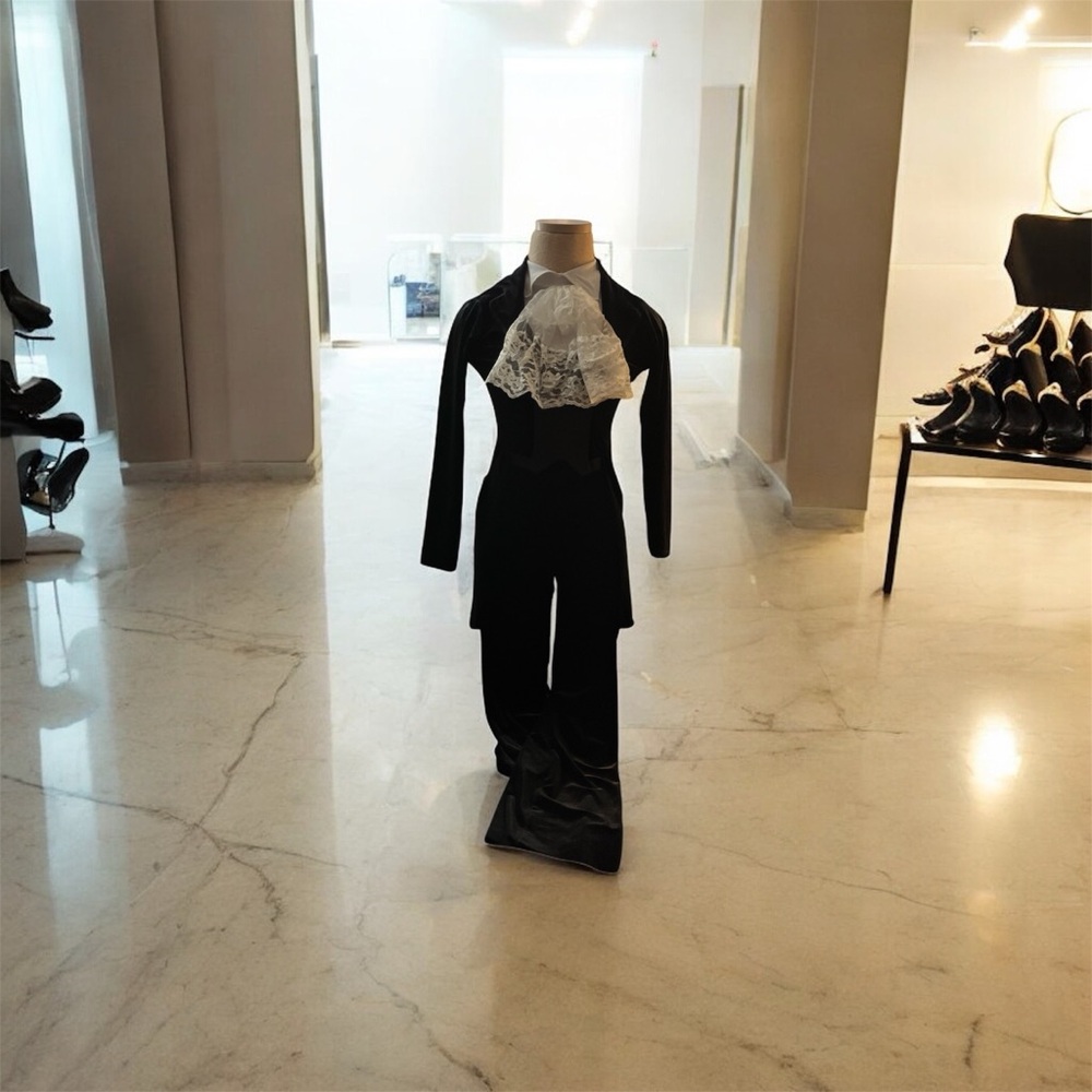 Elegant Black Velvety Jumpsuit with White Lace, Made in USA BY:Costume Outfit
